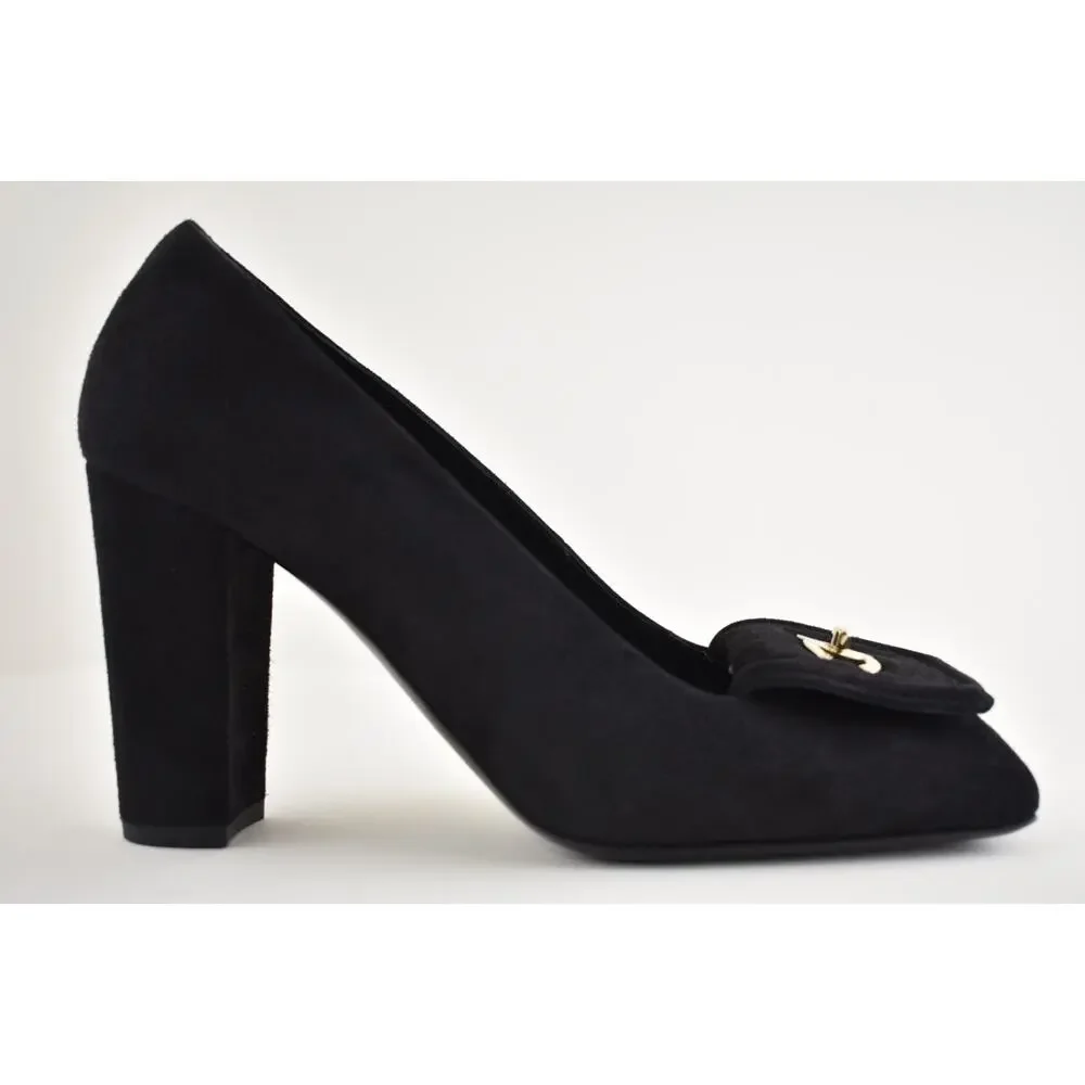Chanel 26S Blazy Black Suede Square Toe Turnlock Gold CC Logo Block Heel Pump 38